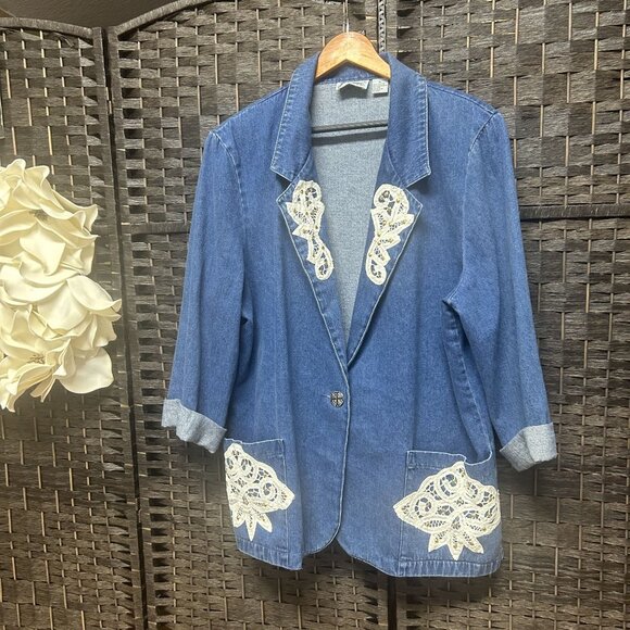 Joanna Vintage Denim w/ Doily Lace Pattern Blazer Jacket Size XL - Picture 4 of 6